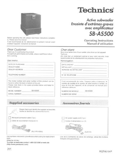 Technics SB-AS500 Active Subwoofer Operating Instructions - cover page