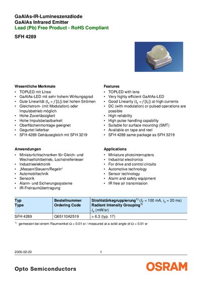 OSRAM SFH 4289 Datasheet - cover page