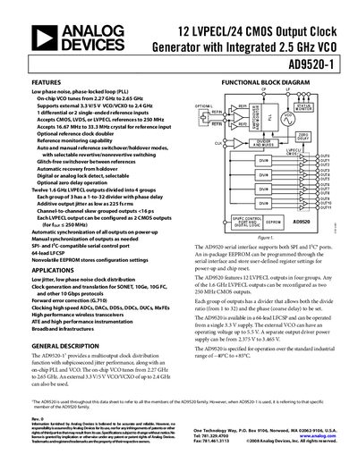 Analog Devices AD9520-1 Clock Generator Datasheet - cover page