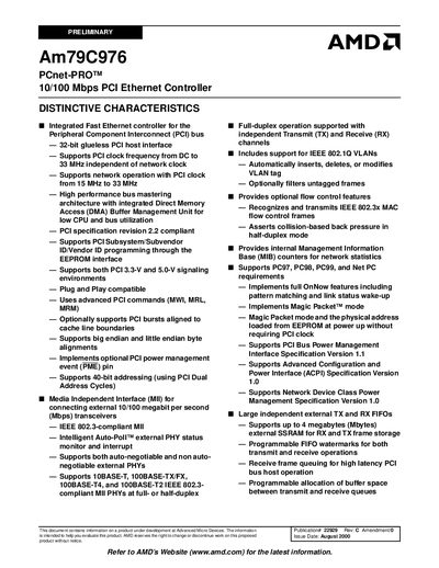 AMD Am79C976 PCnet-PRO 10/100 Mbps PCI Ethernet Controller User Manual - cover page