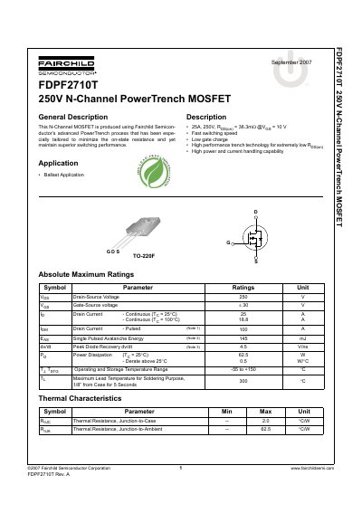 Fairchild FDPF2710T 250V N-Channel PowerTrench MOSFET Datasheet - cover page