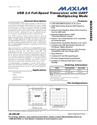 Maxim MAX3349EA USB 2.0 Full-Speed Transceiver Datasheet - cover page