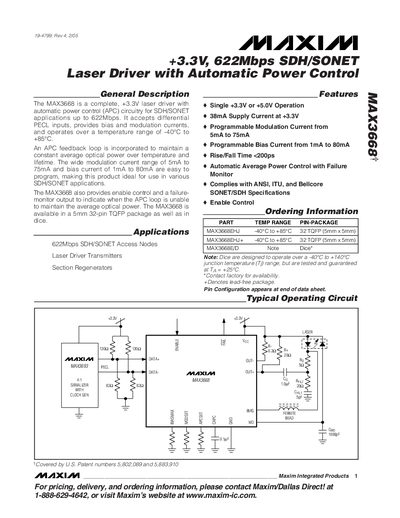 MAXIM INTEGRATED PRODUCTS MAX3668&dagger; +3.3V 622Mbps SDH/SONET Laser Driver with Automatic Power Control handbook - cover page