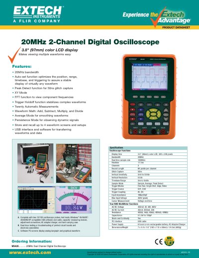 EXTECH MS420 20MHz Dual Channel Digital Oscilloscope Datasheet - cover page
