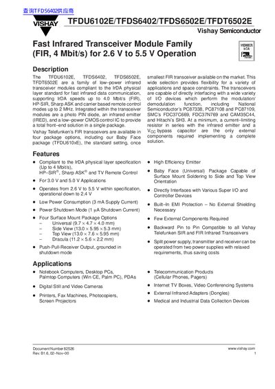Vishay TFDU6102E/TFDS6402/TFDS6502E/TFDT6502E Fast Infrared Transceiver Module Datasheet