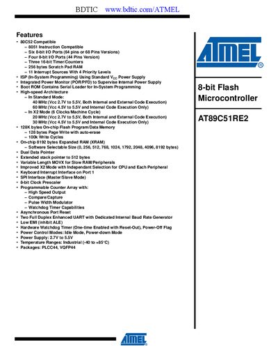 Atmel AT89C51RE2 Microcontroller Handbook - cover page