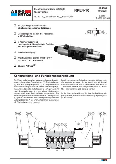 Argo-Hytos RPE4-10 Solenoid Directional Valve Service Manual - cover page