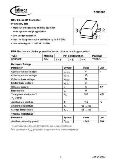 Infineon BFR380F NPN Silicon RF Transistor Datasheet - cover page