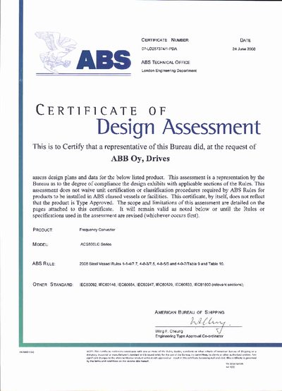 ABB ACS800LC Series Frequency Converter Design Assessment Certificate - cover page