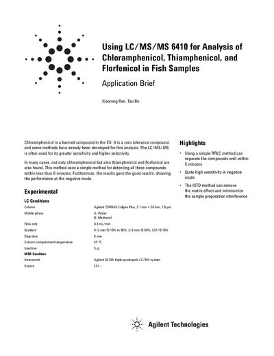 Agilent 6410A Triple Quadrupole LC/MS Application Brief for Chloramphenicol Analysis - cover page