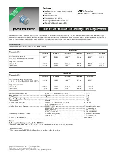 Bourns 2035-xx-SM Precision Gas Discharge Tube Surge Protector Datasheet - cover page