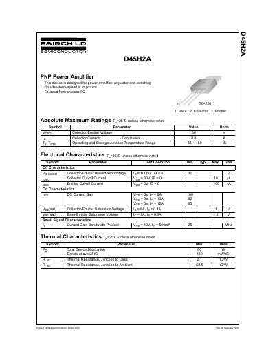 Fairchild D45H2A PNP Power Amplifier Datasheet - cover page