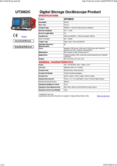 UNI-T UT3062C Digital Storage Oscilloscope Product Manual - cover page