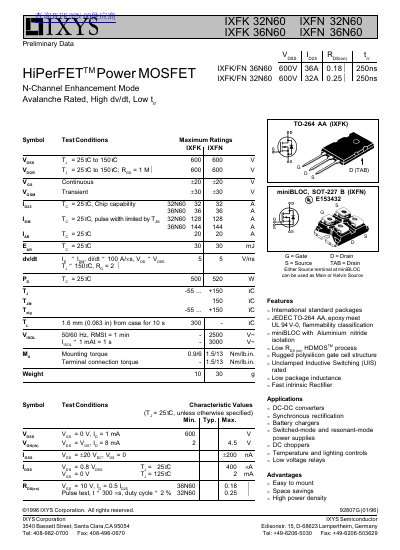 IXYS IXFK/IXFN 32N60/36N60 Preliminary Data - cover page