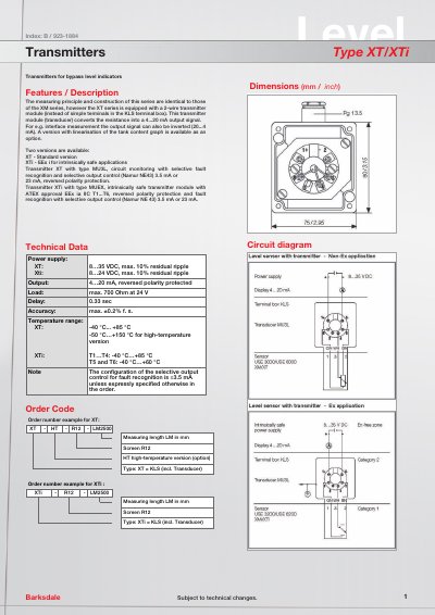 Barksdale XT/XTi Transmitter Data Sheet - cover page
