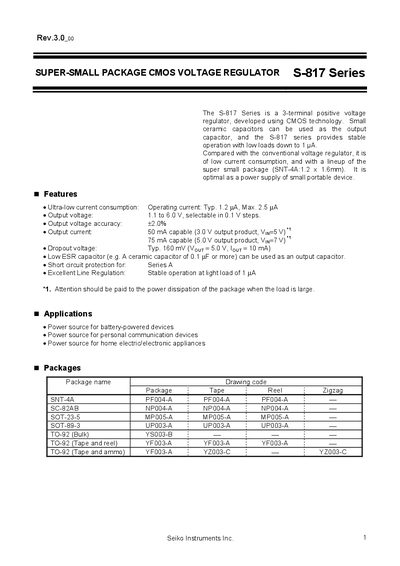 Seiko Instruments S-817 Series Super-Small Package CMOS Voltage Regulator Datasheet - cover page