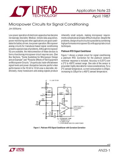 LINEAR Application Note 23 Micropower Circuits for Signal Conditioning handbook - cover page