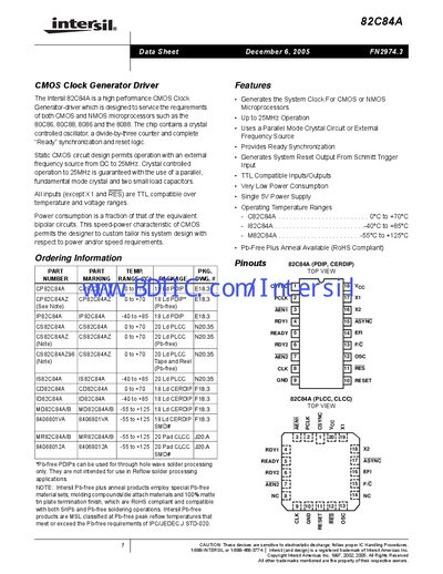 Intersil 82C84A CMOS Clock Generator Driver Datasheet - cover page