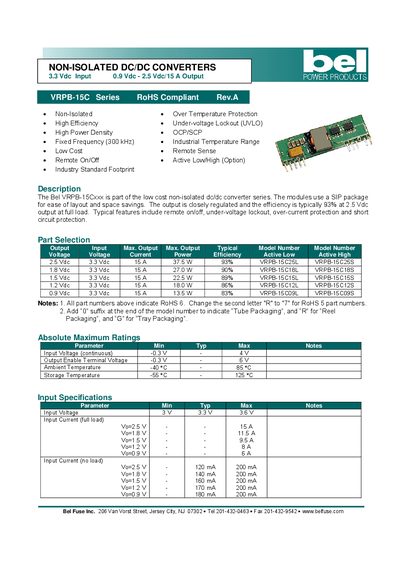 Bel Fuse VRPB-15C Series Datasheet - cover page