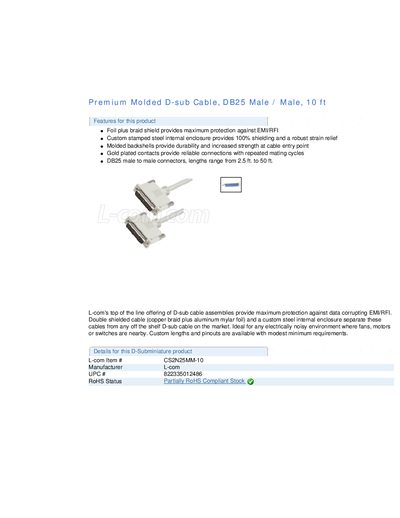 Premium Molded D-sub Cable DB25 Male Male 10 ft - cover page