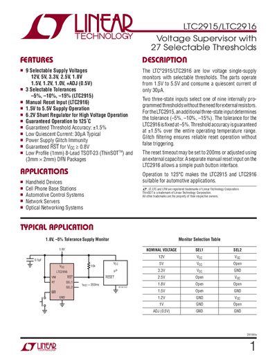 Linear Technology LTC2915/LTC2916 Voltage Supervisor Datasheet - cover page