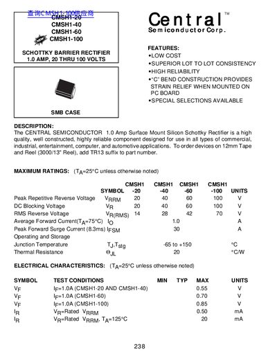 Central CMSH1-20 CMSH1-40 CMSH1-60 CMSH1-100 SCHOTTKY BARRIER RECTIFIER 1.0 AMP 20 THRU 100 VOLTS handbook - cover page