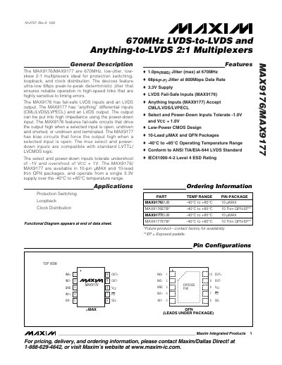 Maxim MAX9176/MAX9177 670MHz 2:1 Multiplexer Datasheet - cover page