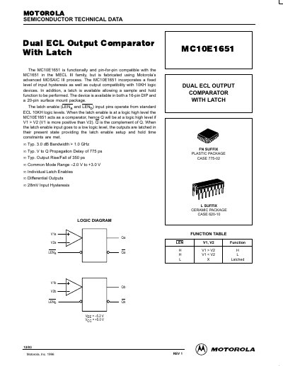Motorola MC10E1651 Dual ECL Output Comparator with Latch Datasheet - cover page