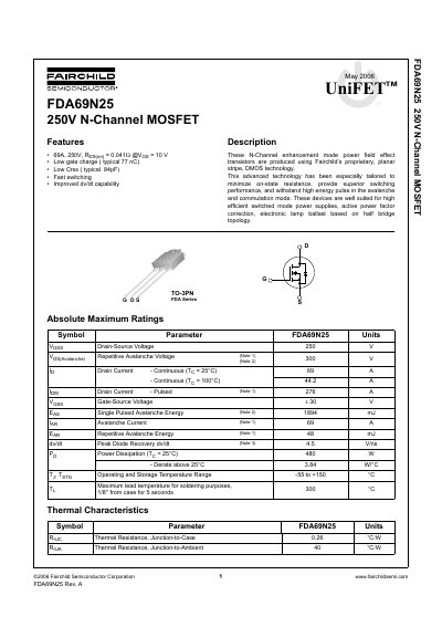 Fairchild Semiconductor FDA69N25 250V N-Channel MOSFET Datasheet - cover page
