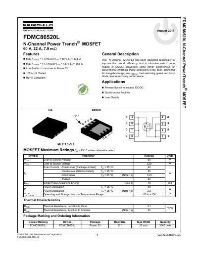 Fairchild FDMC86520L N-Channel Power Trench MOSFET Datasheet - cover page