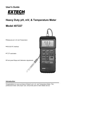 Extech Model 407227 Heavy Duty pH, mV & Temperature Meter User's Guide - cover page
