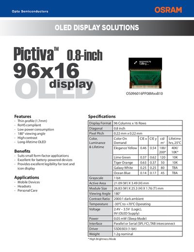 OSRAM Pictiva 0.8" 96x16 OLED Display Datasheet - cover page