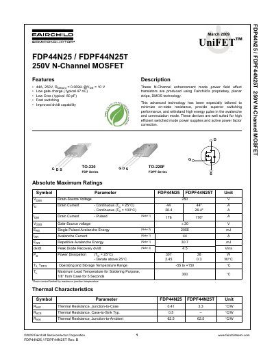 Fairchild FDP44N25/FDPF44N25T 250V N-Channel MOSFET Datasheet - cover page