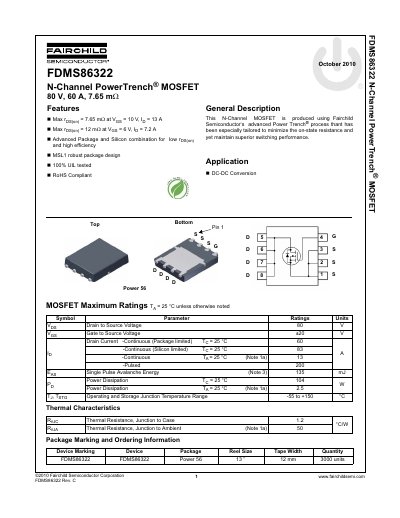 Fairchild Semiconductor FDMS86322 N-Channel MOSFET Datasheet - cover page