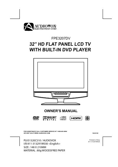 Audiovox FPE3207DV 32" HD LCD TV Owner's Manual - cover page