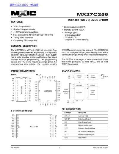 MXIC MX27C256 256K-Bit CMOS EPROM Datasheet - cover page