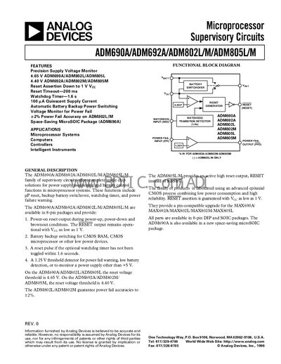 Analog Devices ADM690A/ADM692A/ADM802L/M/ADM805L/M Datasheet - cover page