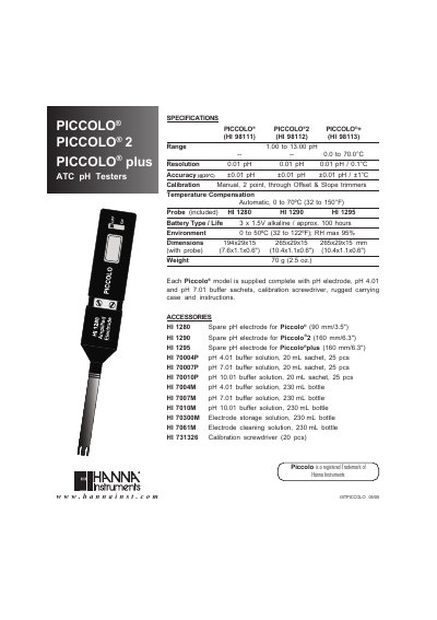 Hanna Instruments PICCOLO 2 pH Tester Instruction Manual - cover page