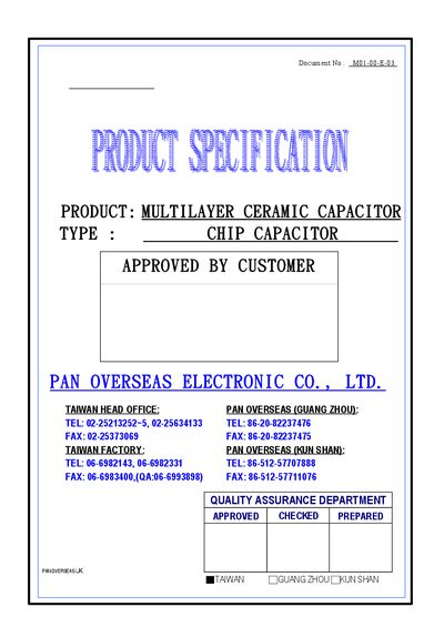 Pan Overseas Multilayer Ceramic Chip Capacitor Datasheet - cover page