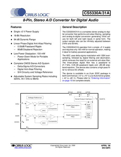 Cirrus Logic CS5330A/31A 8-Pin Stereo A/D Converter Datasheet - cover page
