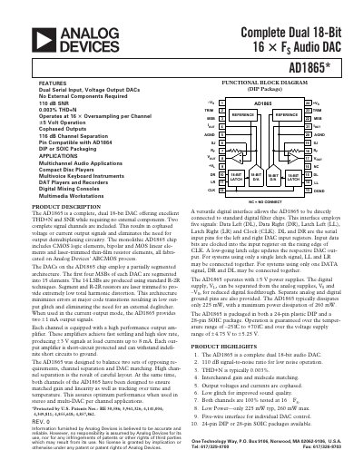 Analog Devices AD1865 Dual 18‑Bit Audio DAC Datasheet - cover page