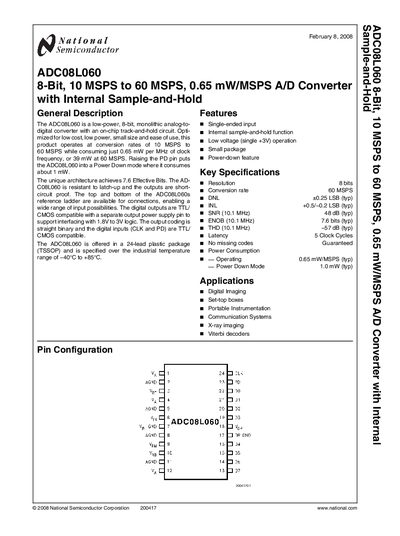NATIONAL SEMICONDUCTOR - ADC08L060 8-Bit 10 MSPS to 60 MSPS 0.65 mW/MSPS A/D Converter handbook - cover page