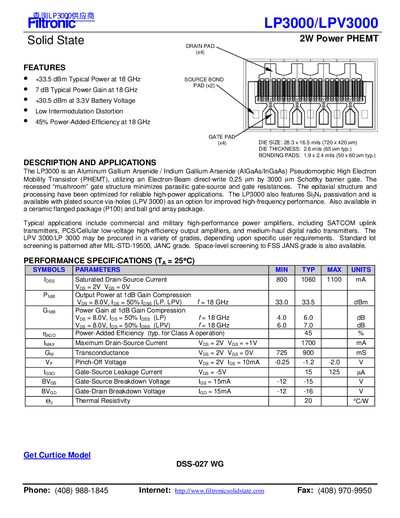 Filtronic LP3000/LPV3000 Solid State 2W Power PHEMT Datasheet - cover page