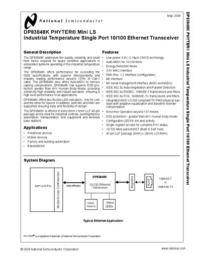 National Semiconductor DP83848K Ethernet PHY Datasheet - cover page