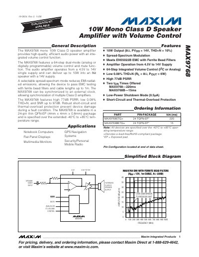 Maxim MAX9768 10W Mono Class D Speaker Amplifier Datasheet