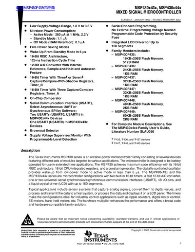 TEXAS INSTRUMENTS MSP430X43X Data Sheet(1) - cover page