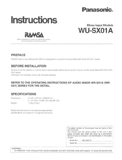 RAMSA WU-SX01A Mono Input Module Installation Instructions - cover page