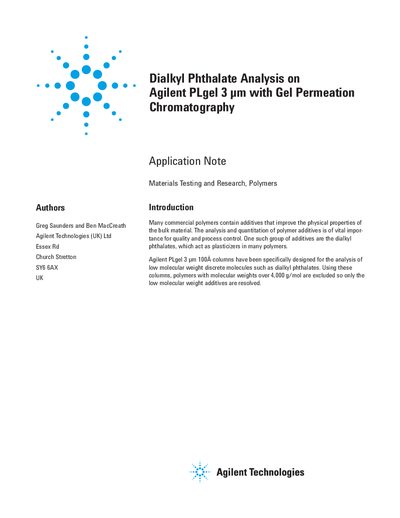 Agilent PLgel 3 µm 100A Dialkyl Phthalate Analysis Application Note - cover page
