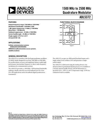 Analog Devices ADL5372 Quadrature Modulator Datasheet - cover page