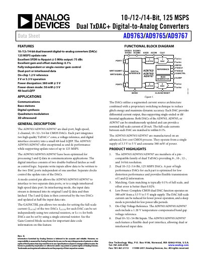 Analog Devices AD9763/AD9765/AD9767 Dual TxDAC+ Data Sheet - cover page